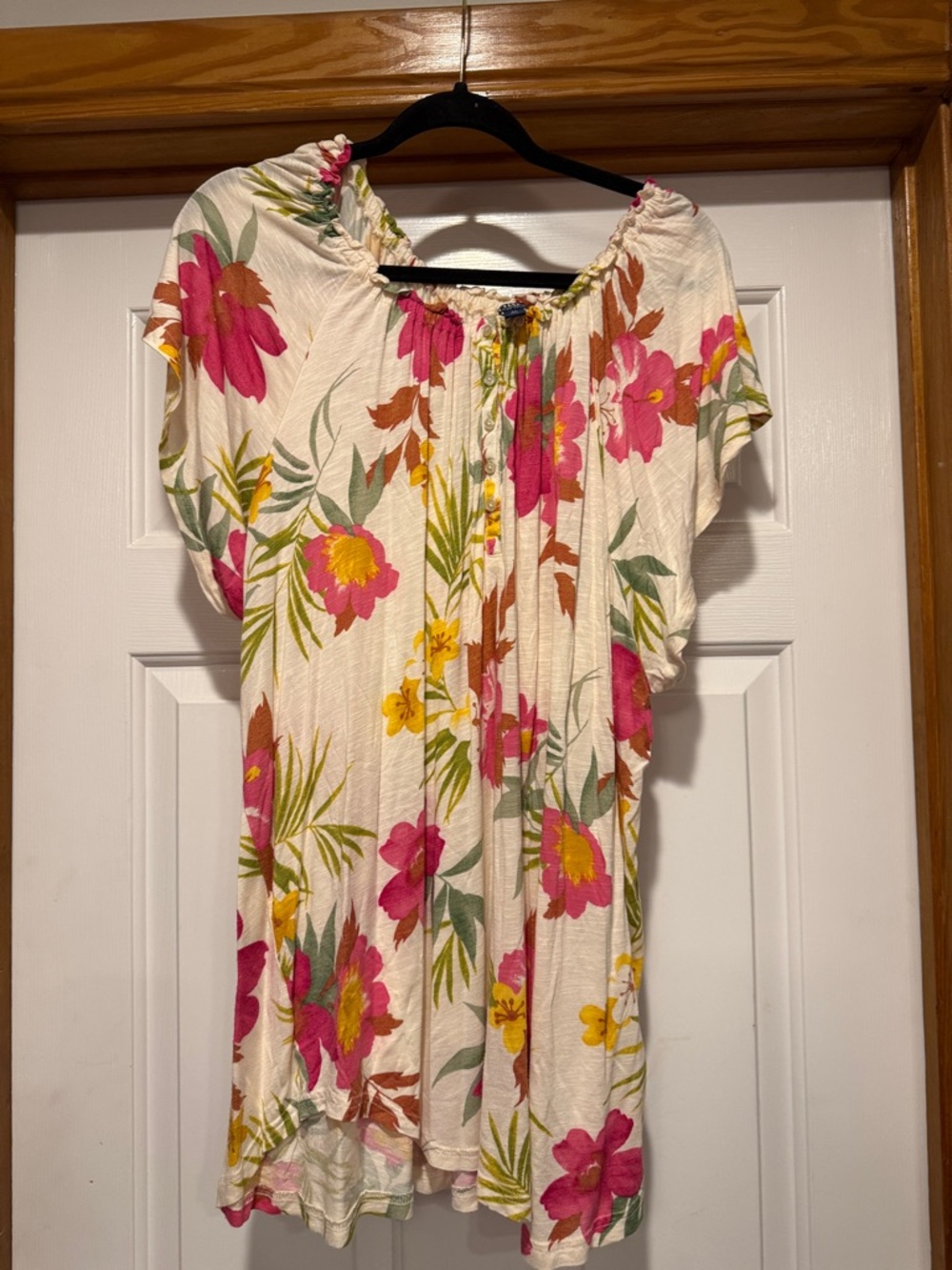Chaps Cream Floral Peasant Blouse with Pink & Yellow Flowers - Picture 1 of 4